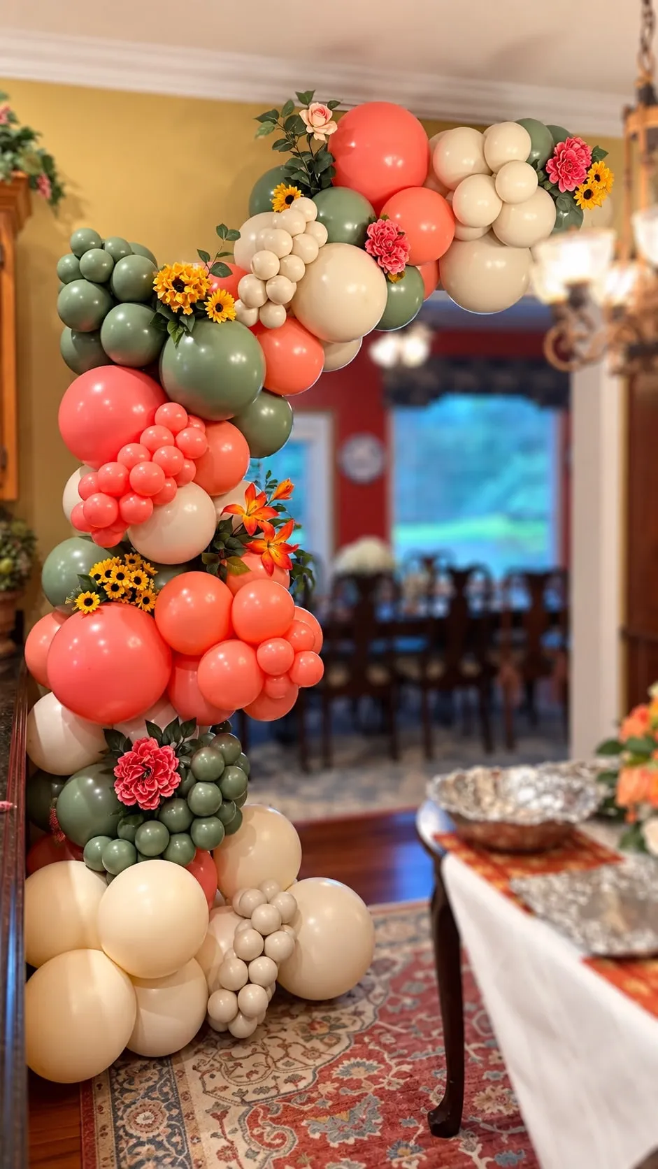 Tall balloon garland in coral, sage and cream with sunflowers arching over a doorway