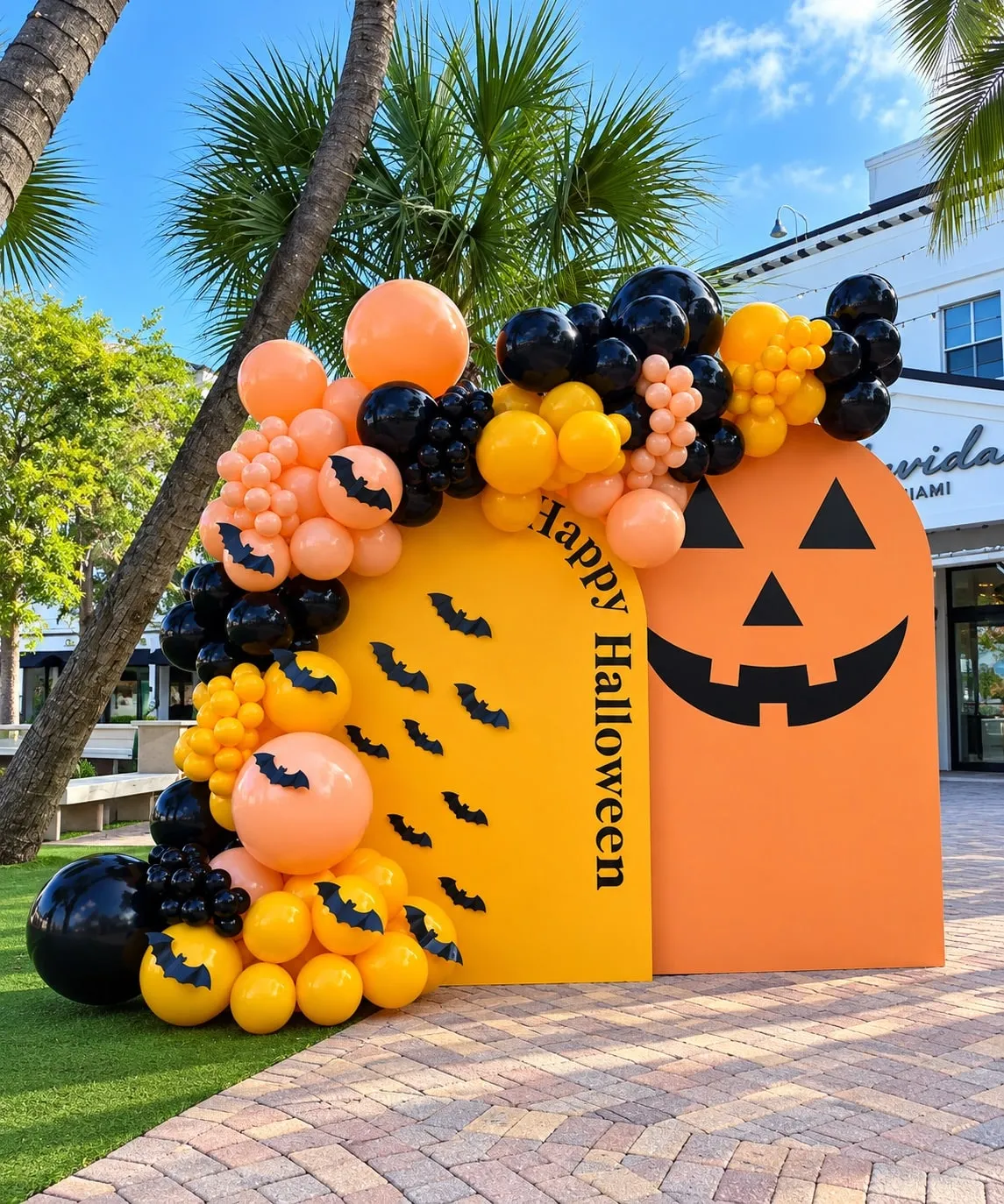Orange, black and yellow balloon garland with black bat cutouts around a jack-o-lantern backdrop and a Happy Halloween panel, outdoors under palm trees