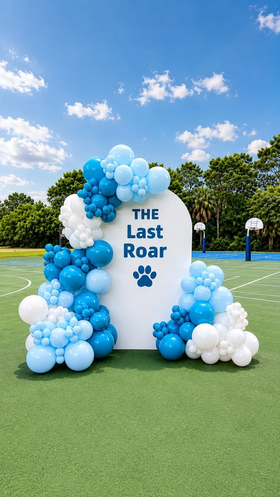 Blue and white balloon garland around an arched white backdrop on a sports field