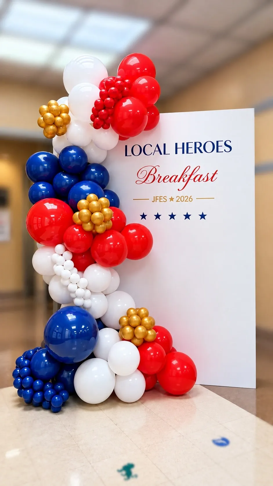 Red, white, navy and gold balloon garland beside an event backdrop