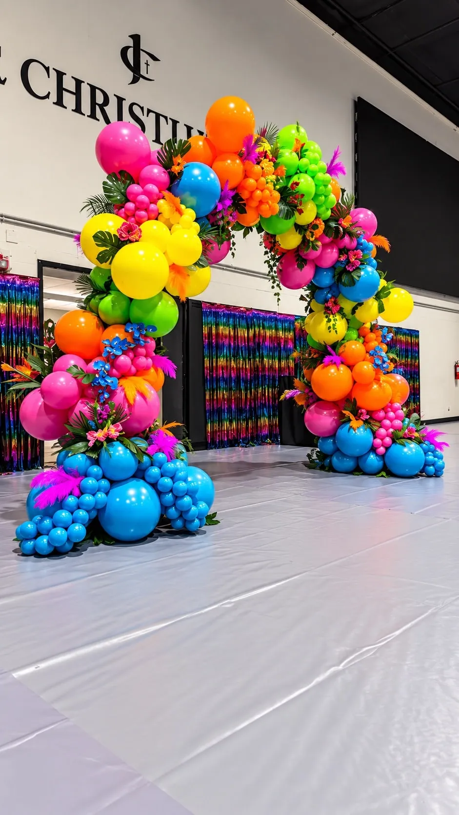 Side view of a neon balloon arch with tropical flowers at a school entrance