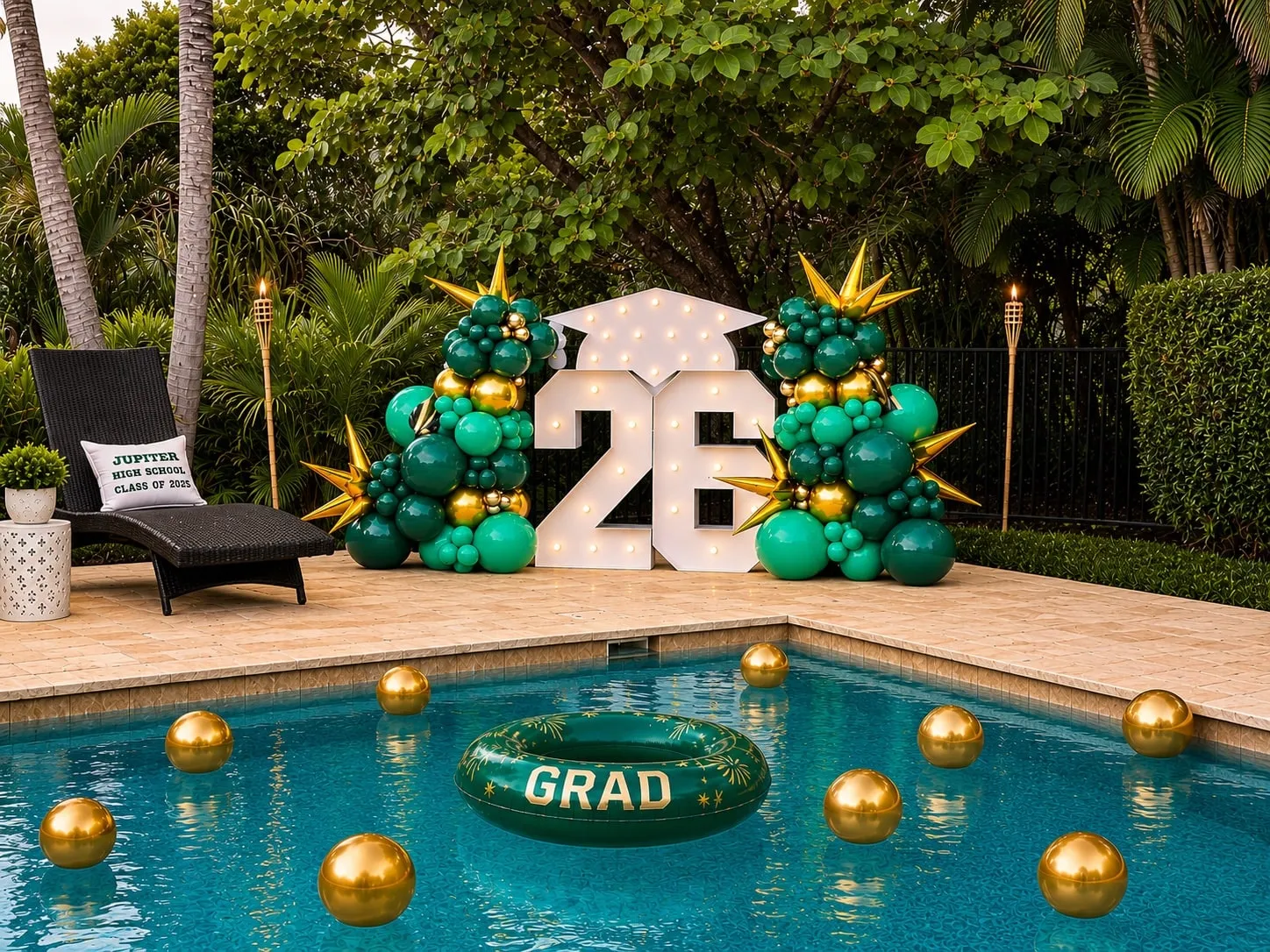 Green and gold balloon columns beside light-up numbers at a pool with gold balloons floating on the water