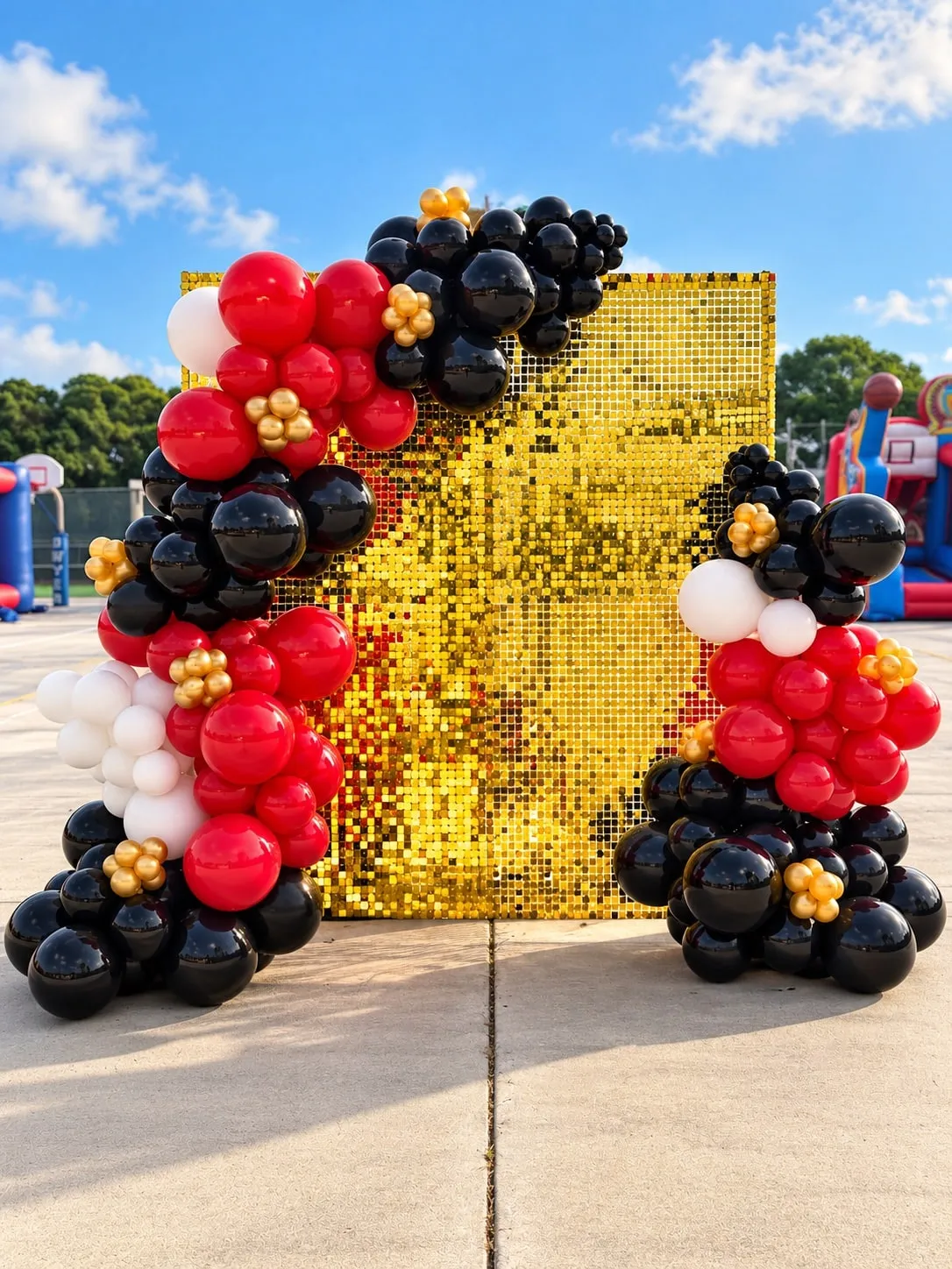 Gold sequin shimmer wall with red, black and white balloon garlands on each side