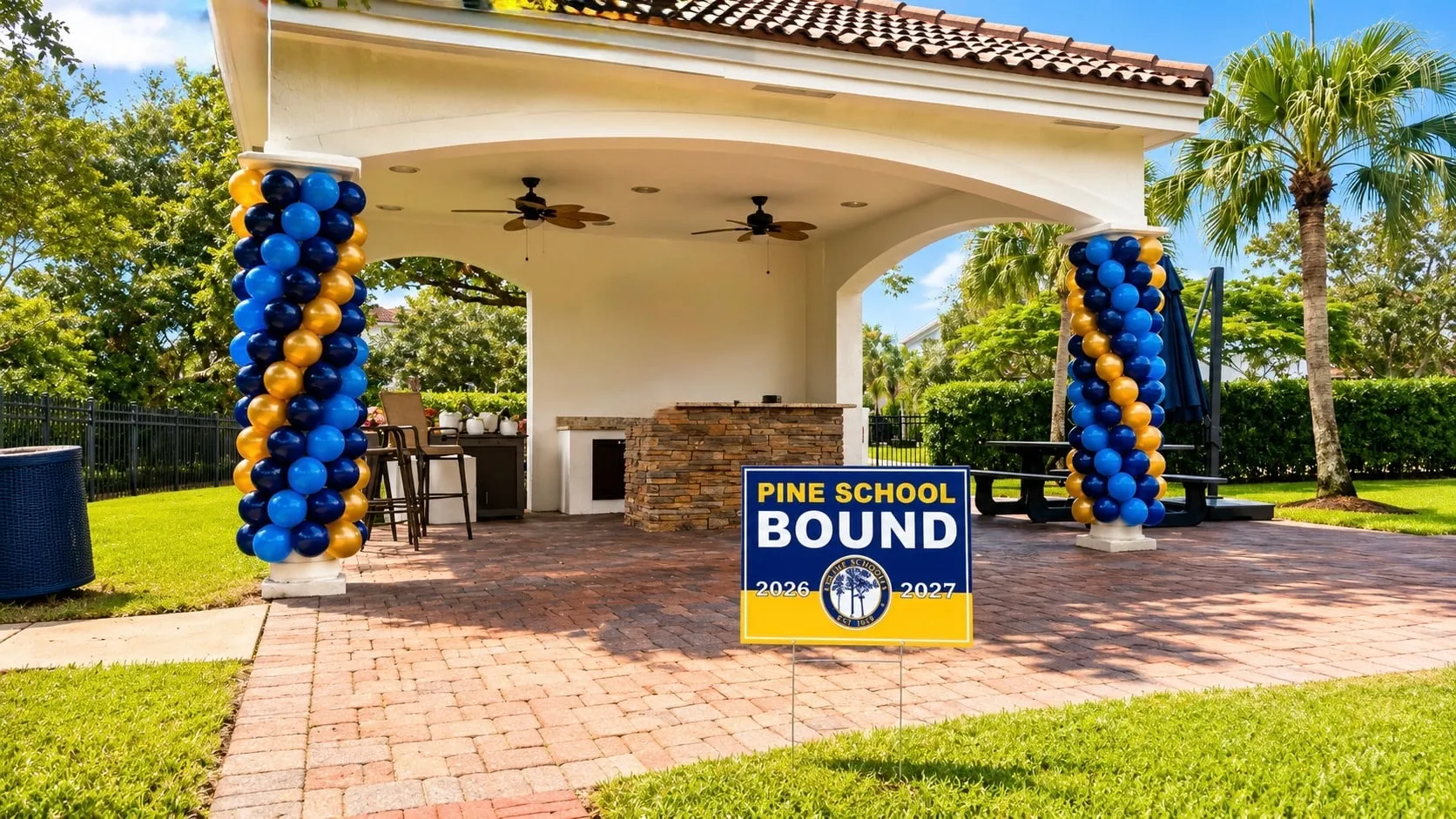 Two blue and gold spiral balloon columns at the entrance to an outdoor pavilion
